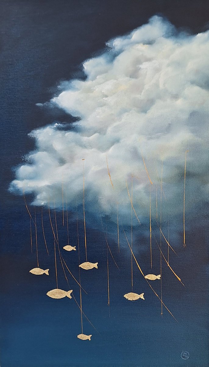 Photorealistic Landscape Oil Painting By Natalia Langenberg, 12 X 20", Dreamy Sky With Surreal Golden Fish, Original Artwork