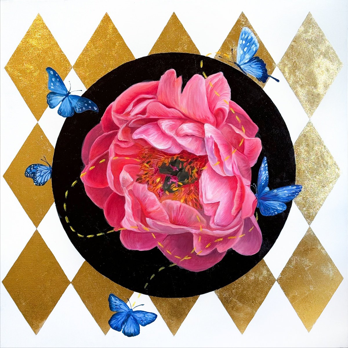 Surrealistic Botanical Oil Painting By Alena Sokolova, 36 X 36, Butterflies, Original Artwork