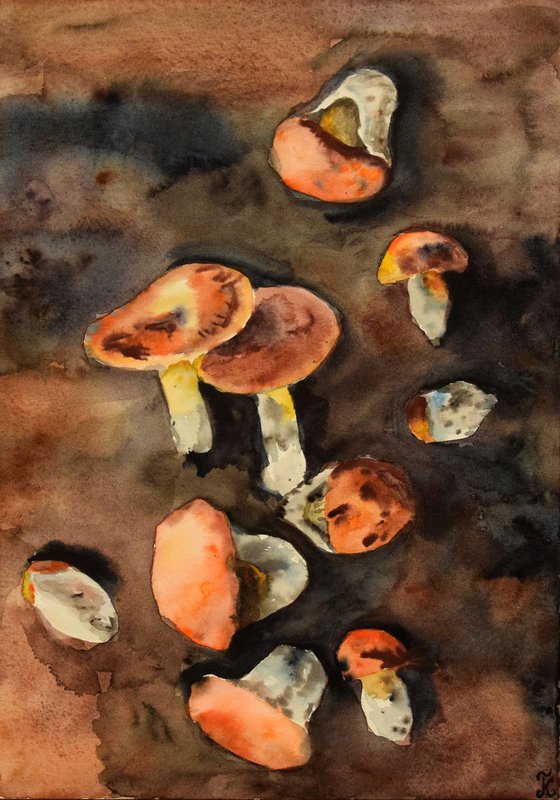 Mushrooms original watercolor painting, fall woodland harvest, farmhouse decor