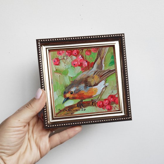 Robin bird on brunch art painting, Miniature painting 4x4 bird painting original, Gift for dad