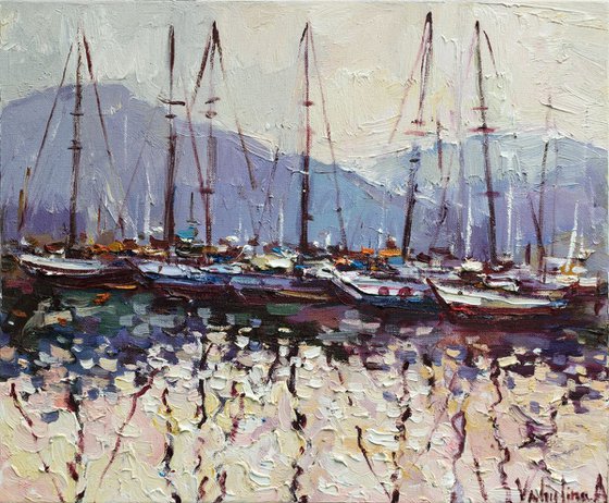 Sailing yachts in marina at sunset Original seascape painting