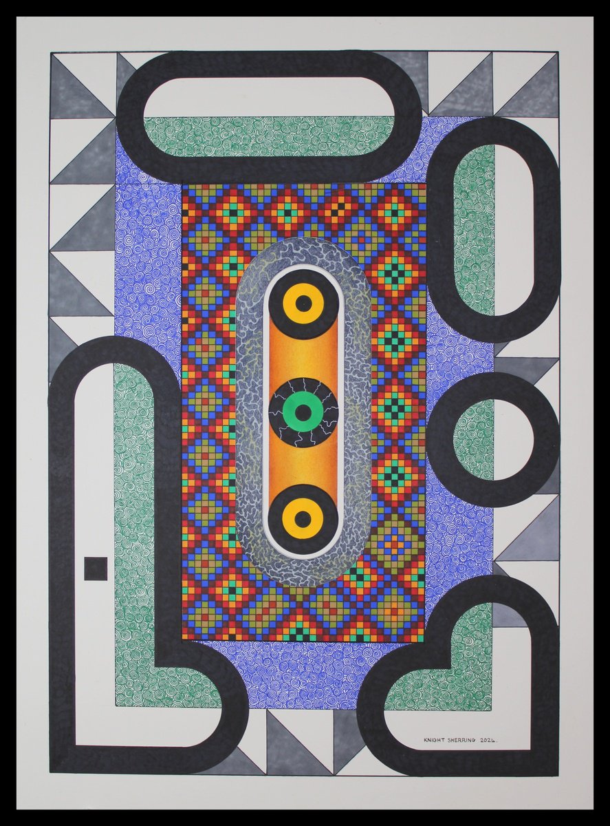 Geometric Abstract Ink Drawing By Knight Sherring, 22 X 30", Framed., Original Artwork