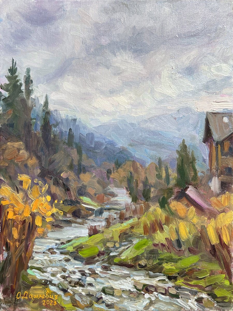 Impressionistic Landscape Oil Painting By Olha Dashkevych, 12 X 16", - Autumn In The Carpathians - ?, Original Artwork