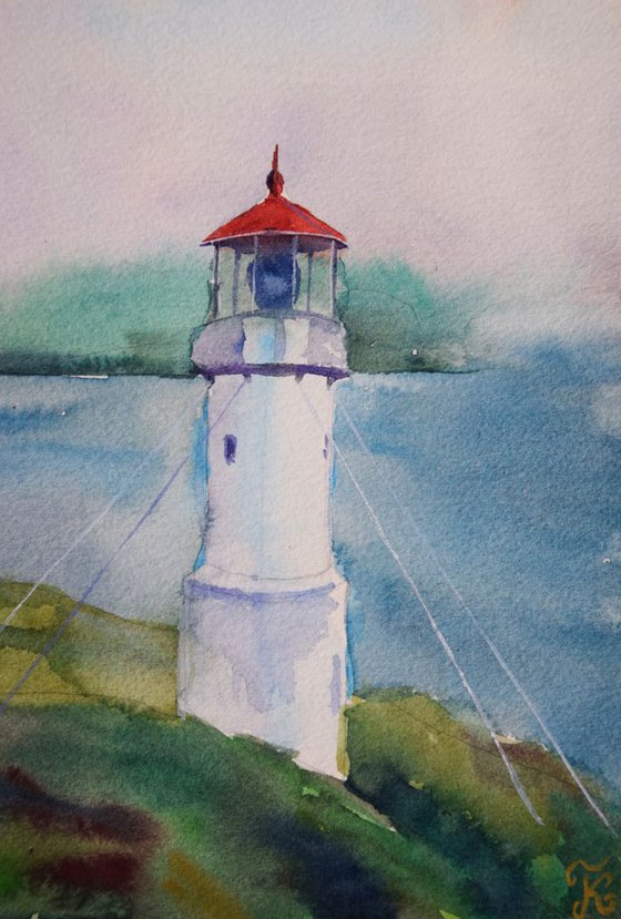 Watercolor painting Lighthouse on Faroe Islands