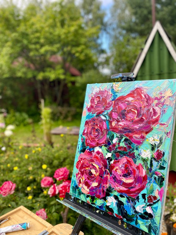 Roses - The burst of pink, 35*45cm, impressionistic flowers oil painting in pink and turquoise