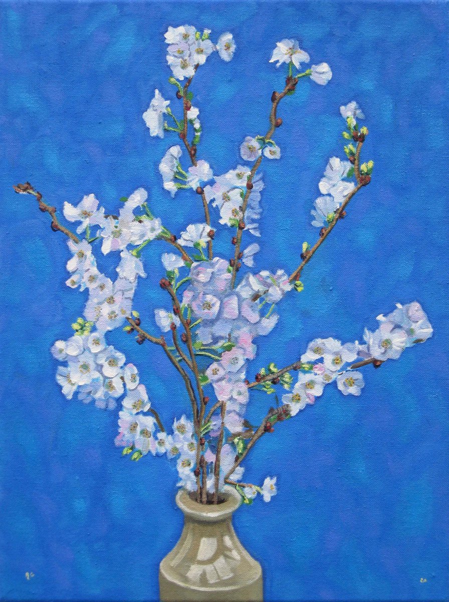 Botanical Oil Painting By Richard Gibson, 12 X 16", Winter Flowering Cherry In A Ceramic Jar (1), Original Artwork