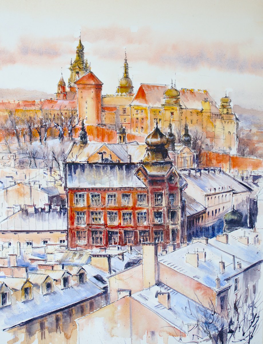 Impressionistic Cityscapes Watercolour By Eve Mazur, 16 X 20, First Snow In Krakow, Original Artwork