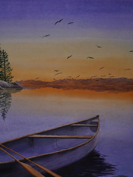 "Canoe on the shore of the lake" 2023 Watercolor on paper 70x50