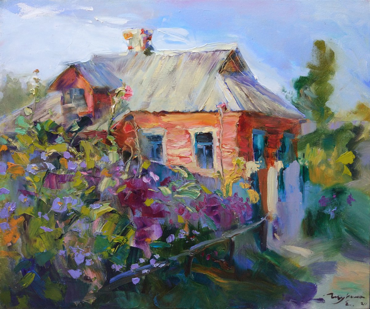 Impressionistic Landscape Oil Painting By Helen Shukina, 24 X 20, Warm October In The Village, Original Artwork