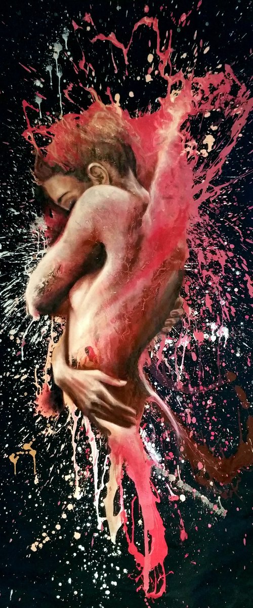 "The birth of  an Angel III" 85x165cm, original oil and acrylic large painting on fabric.ready to hang. by Elena Kraft