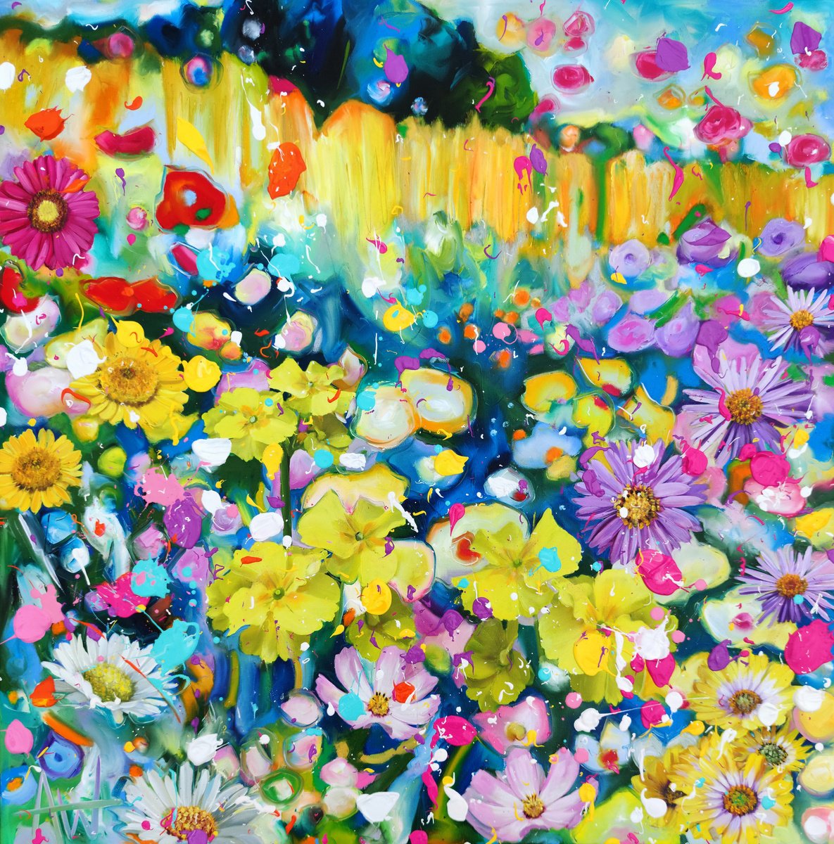 Impressionistic Landscape Oil Painting By Angie Wright, 31 X 31, Perfectly Primrose, Original Artwork