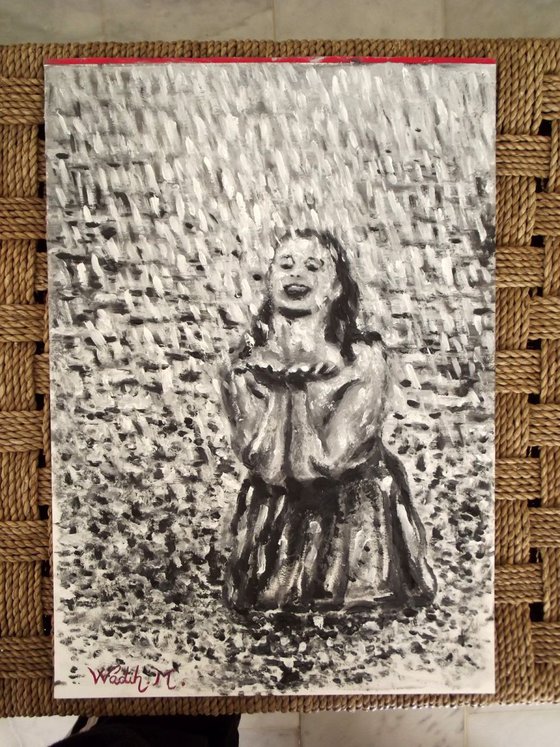 RAINY LAKE GIRL - Moment of Happiness - Thick oil Black and White painting - 29.5x42 cm