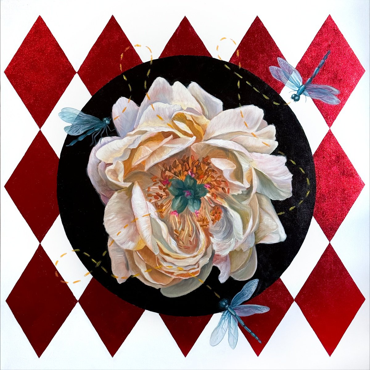 Botanical Oil Painting By Alena Sokolova, 36 X 36, Dragonflies, Original Artwork