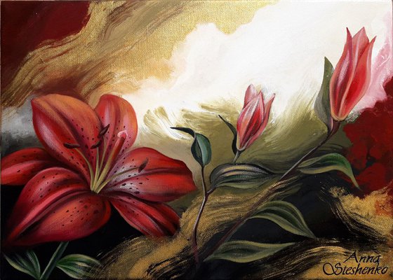 "Crimson fragrance", lilies flowers art, floral painting, mixed media art