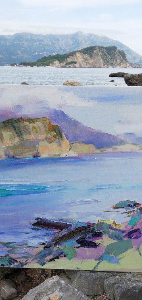 Seascape 60x80 cm. Beach Budva , Montenegro Original plain air oil painting by Helen Shukina