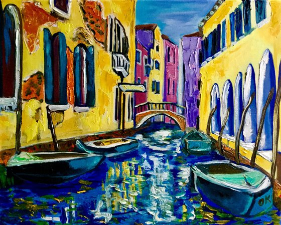 VENICE CANAL BRIDGE. HOME DECOR. PALETTE KNIFE OIL PAINTING. OFFICE URBAN WALL ART