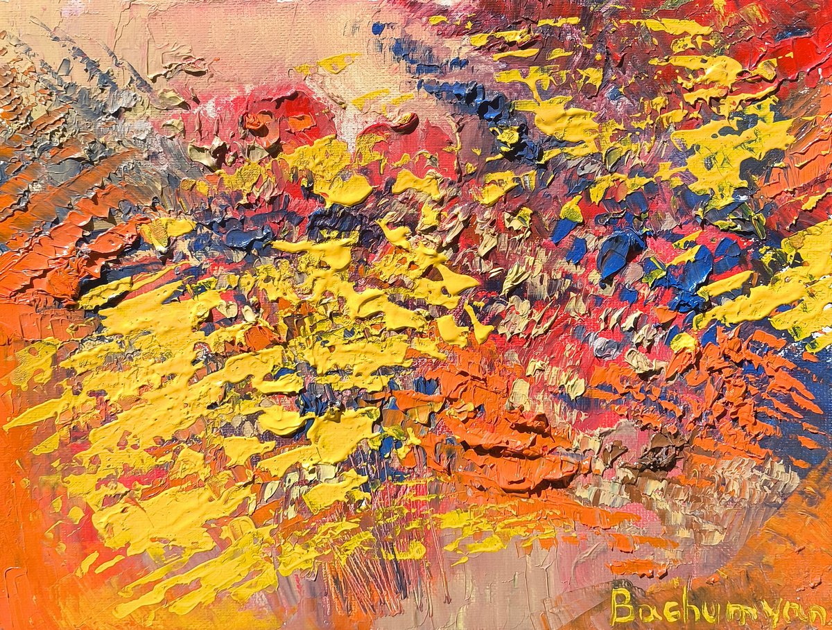 Abstract Oil Painting By Vahe Bagumyan, 12 X 9", Eruption Of Color, Original Artwork