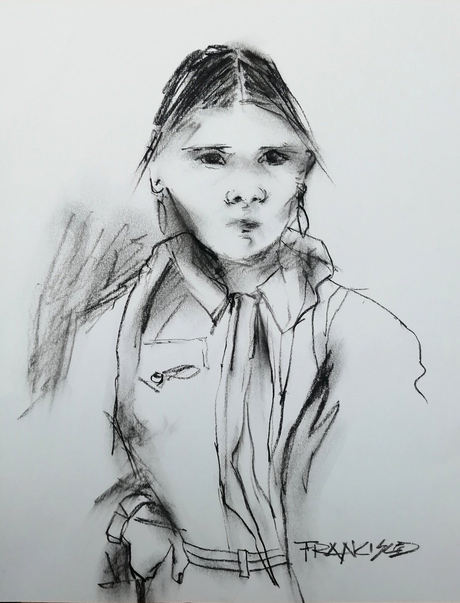 Expressive Portrait Charcoal Drawing By Francisco Santos, 8 X 10, Girl, Original Artwork