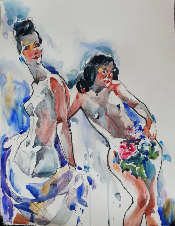 Two Nudes with Bouquet