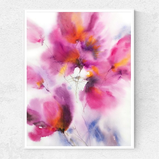 Purple abstract watercolor floral painting Fuchsia