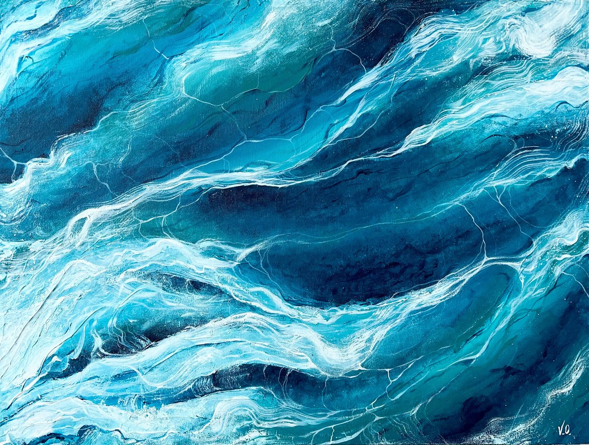 Organic Abstract Acrylic Painting By Valeria Ocean, 24 X 18", Mystic Blues, Original Artwork