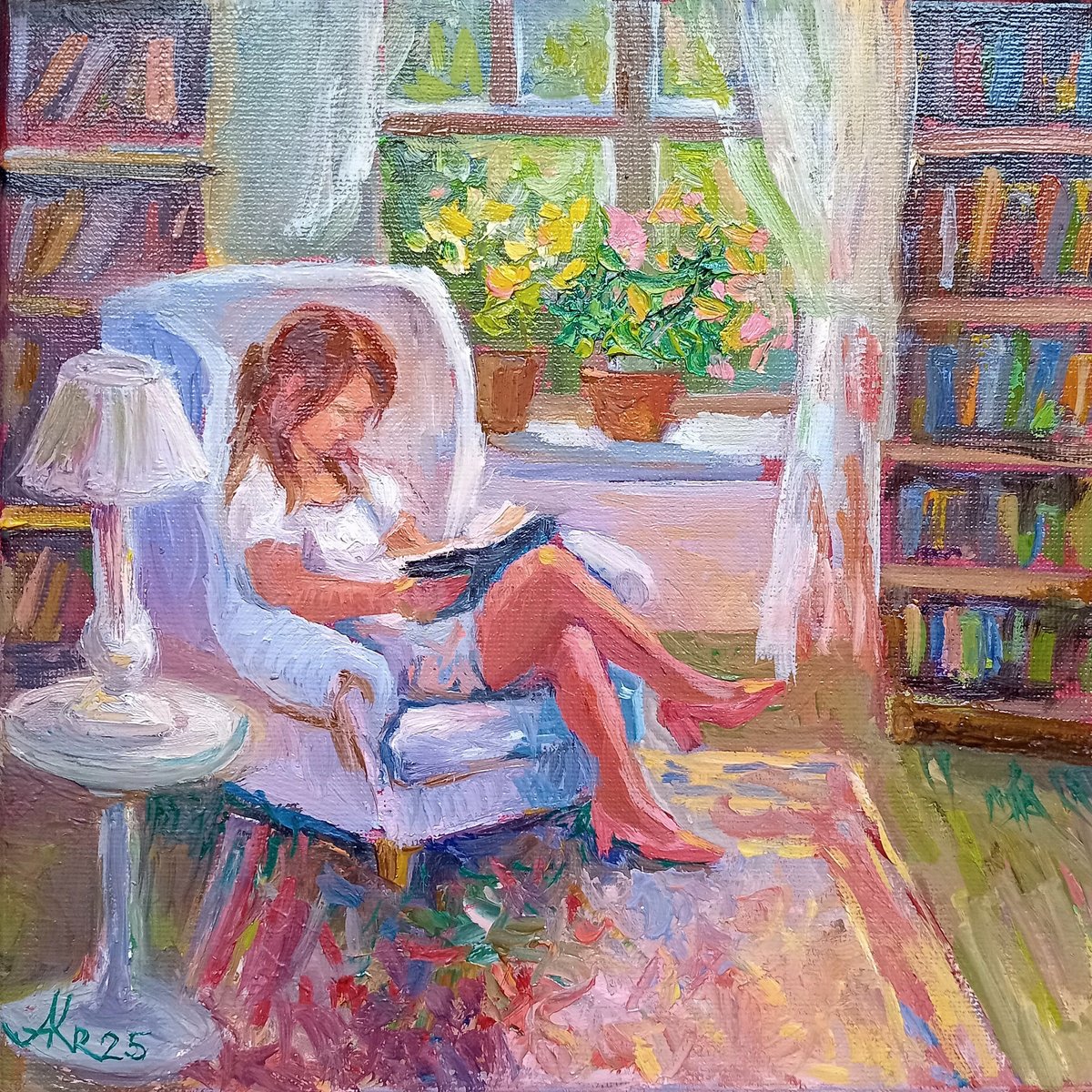 Expressive Portrait Oil Painting By Ann Krasikova, 8 X 8, Reading A Book, Original Artwork