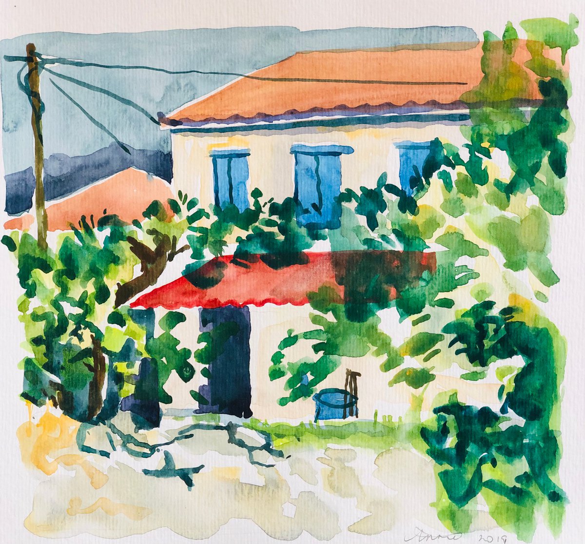 Villa with blue shutters, Greece by Annie Meier