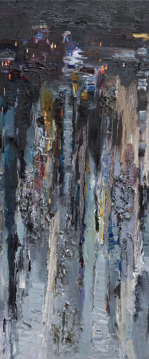 Gray Abstract Painting - Night street - 90 x 90 cm - Original oil painting by Anastasiia Valiulina