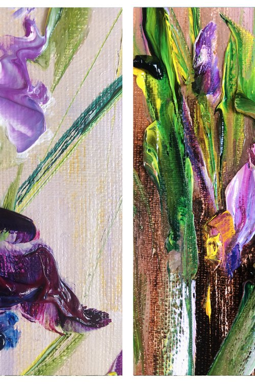BIRTH OF NATURE - Set of 2 abstractions. Flower panel. Iris diptych. Petals. Violet. Close-up. Bright module. by Marina Skromova
