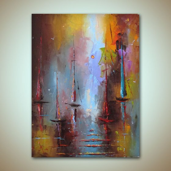 Summer breeze, modern abstract sailboats, oil painting, free shipping