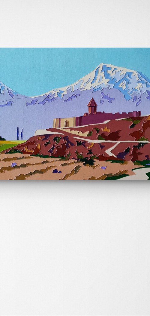 Mount Ararat and Armenian monastery Khor Virap  - | 30x50cm, 2024, Modern, Original style | by Ashot Avagyan