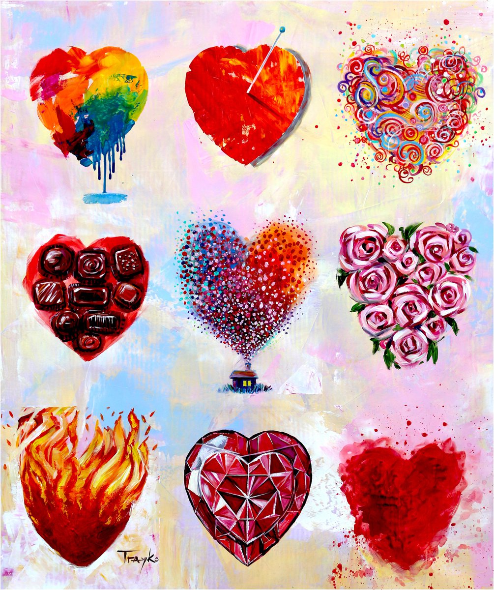 Abstract Acrylic Painting By Trayko Popov, 31 X 39", Red Hearts | Love You | Dream Lover, Original Artwork