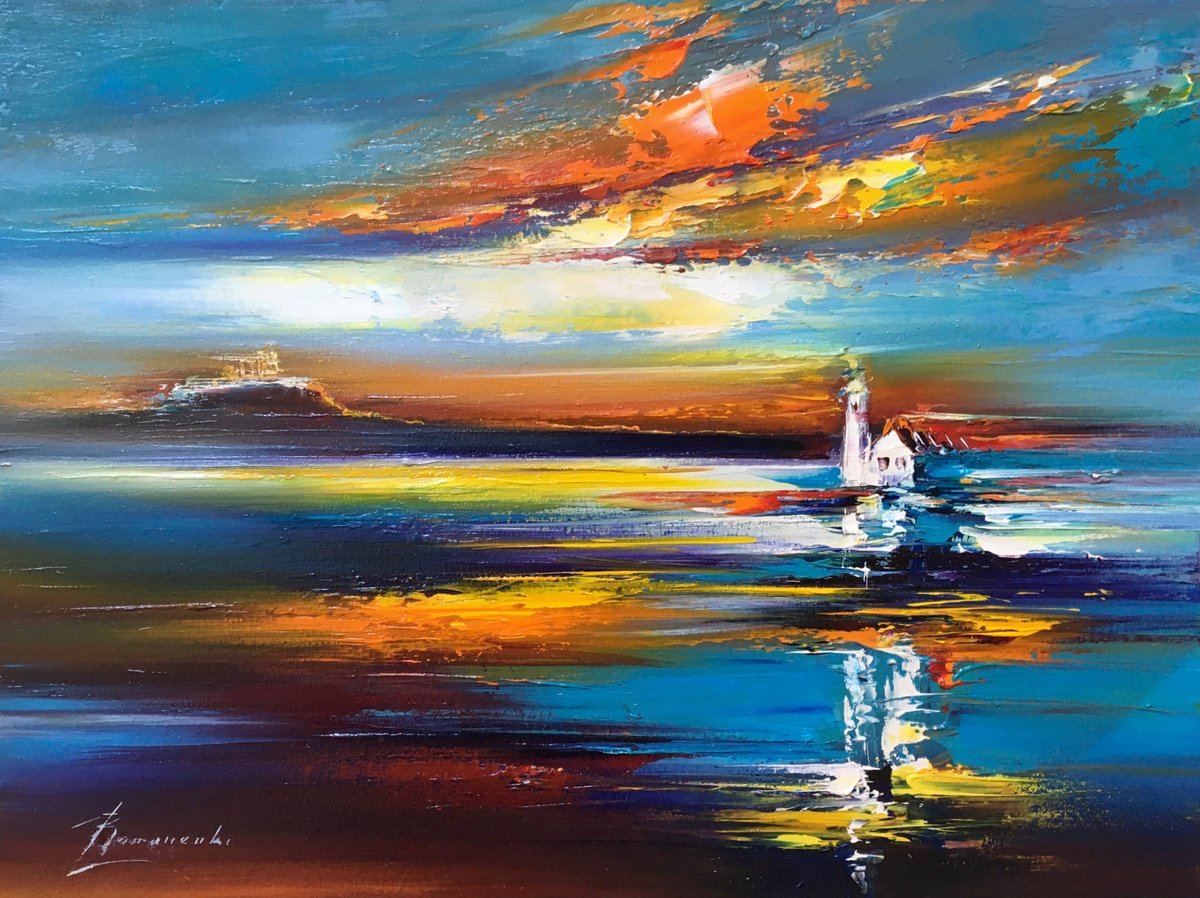Impressionistic Landscape Oil Painting By Olena Romanenko, 16 X 12", Small Lighthouse, Original Artwork