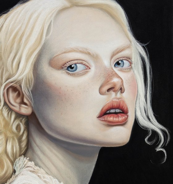 Albino girl in a laсe dress