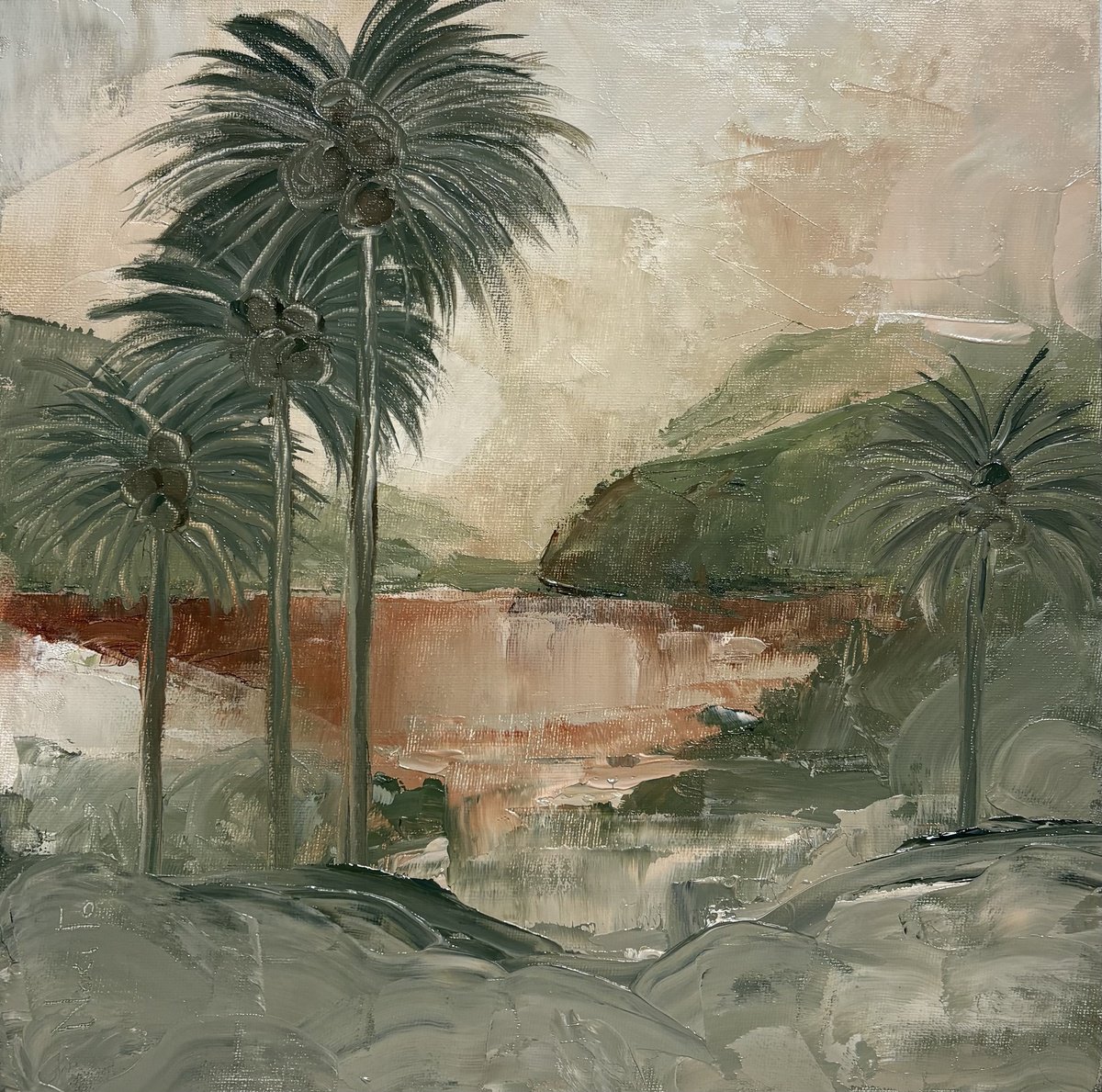 Expressive Oil Painting , Tropical Reverie Palm Trees, Hills, Water By Daniela Nocito, 12 X 12, Artwork For Sale On Artfinder