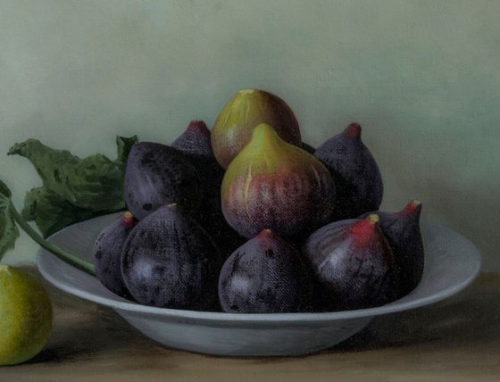 Three types of figs, 40x50cm, oil on linen 2018, original classic still life