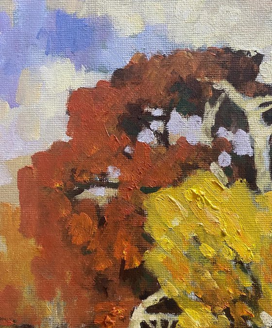 Original Oil Painting Wall Art Artwork Signed Hand Made Jixiang Dong Canvas 25cm × 30cm Trees in Autumn Park small  Impressionism