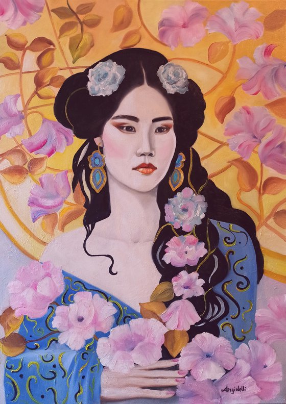 Geisha with pink flowers