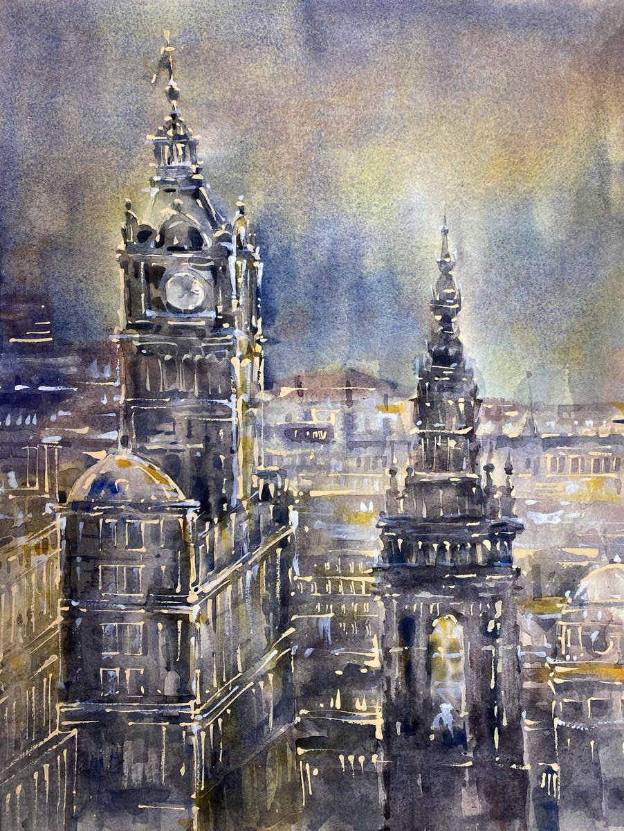 Impressionistic Cityscapes Watercolour By Galina Poloz, 12 X 16, Edinburgh. Princess Street., Original Artwork