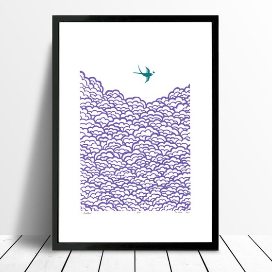 Swallow A3 size in amethyst and biscay bay - Unframed - FREE Worldwide Delivery