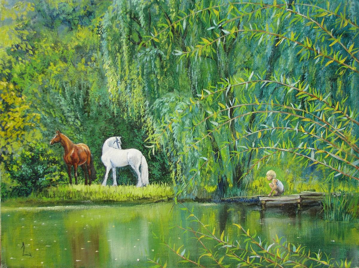 Impressionistic Animal Oil Painting By Elina Vetrova, 16 X 12, Lake, Original Artwork