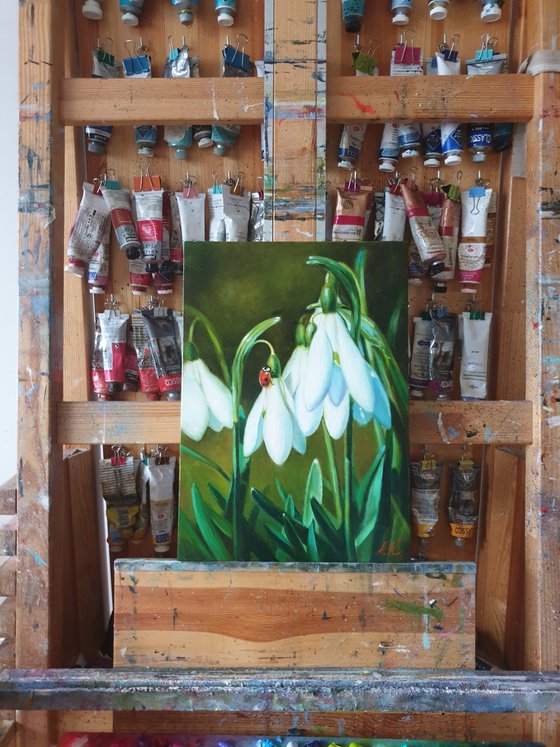 "Guest."  flower snowdrops ladybug  liGHt original painting  GIFT (2020)