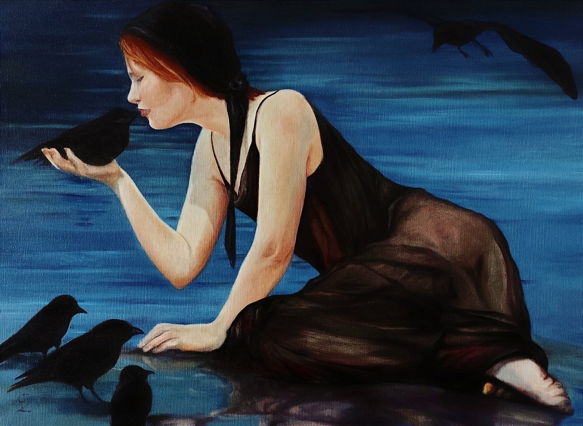 Surrealistic Portrait Oil Painting By Veronica Ciccarese, 31 X 24", The Lady Of The Ravens, Original Artwork