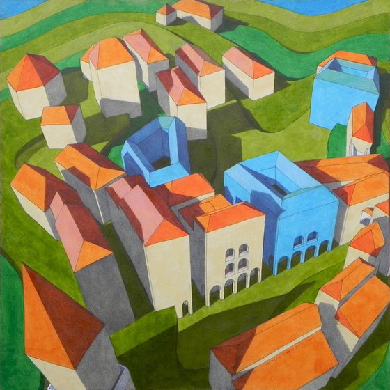 Virtual model with blue houses