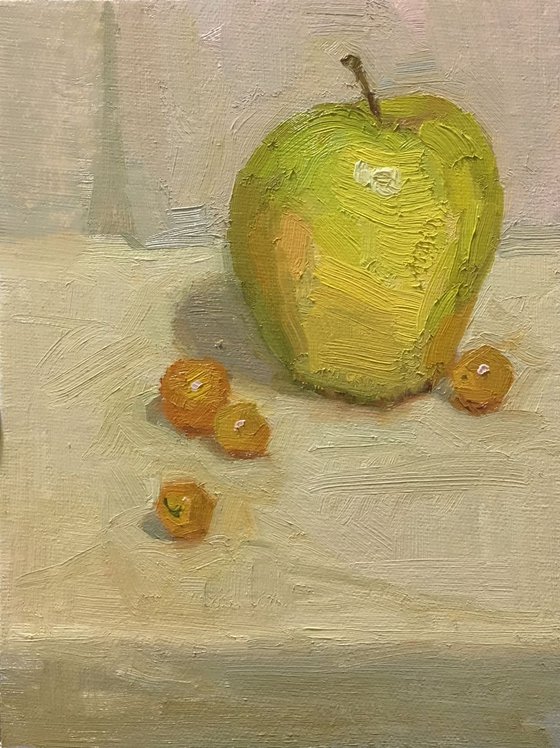Golden Delicious Original Oil Painting by Bhavani Krishnan Green apple Cherry tomatoes Fruit still life Small daily painting Kitchen art 6x8