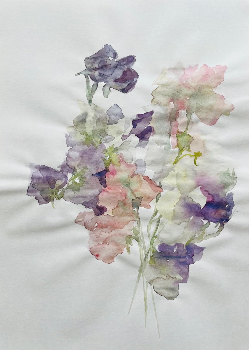 Impressionistic Still Life Watercolour By Elena Klyan, 11 X 16, Sweet Pea 11,4X15,7 In, Original Artwork