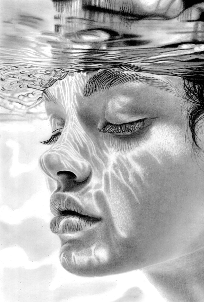 Photorealistic Portrait Pencil Drawing By Paul Stowe, 10 X 15", Submerged D 2025, Original Artwork