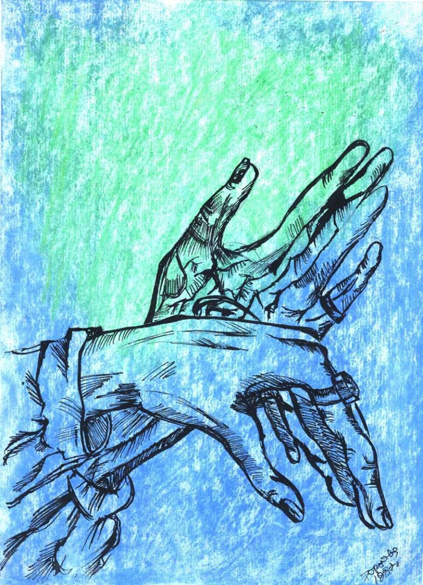 Graphic Portrait Ink Drawing By Kateryna Bortsova, 8 X 11", Hands, Original Artwork