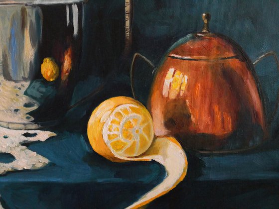 Still life with peeled lemon, Silver dishes and knitted shawl