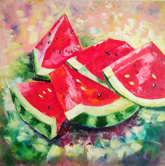 Sugar watermelon, Watermelon Painting Still Life Original Art on Canvas Tropical Fruit Art Abstract Artwork 40*40 cm.